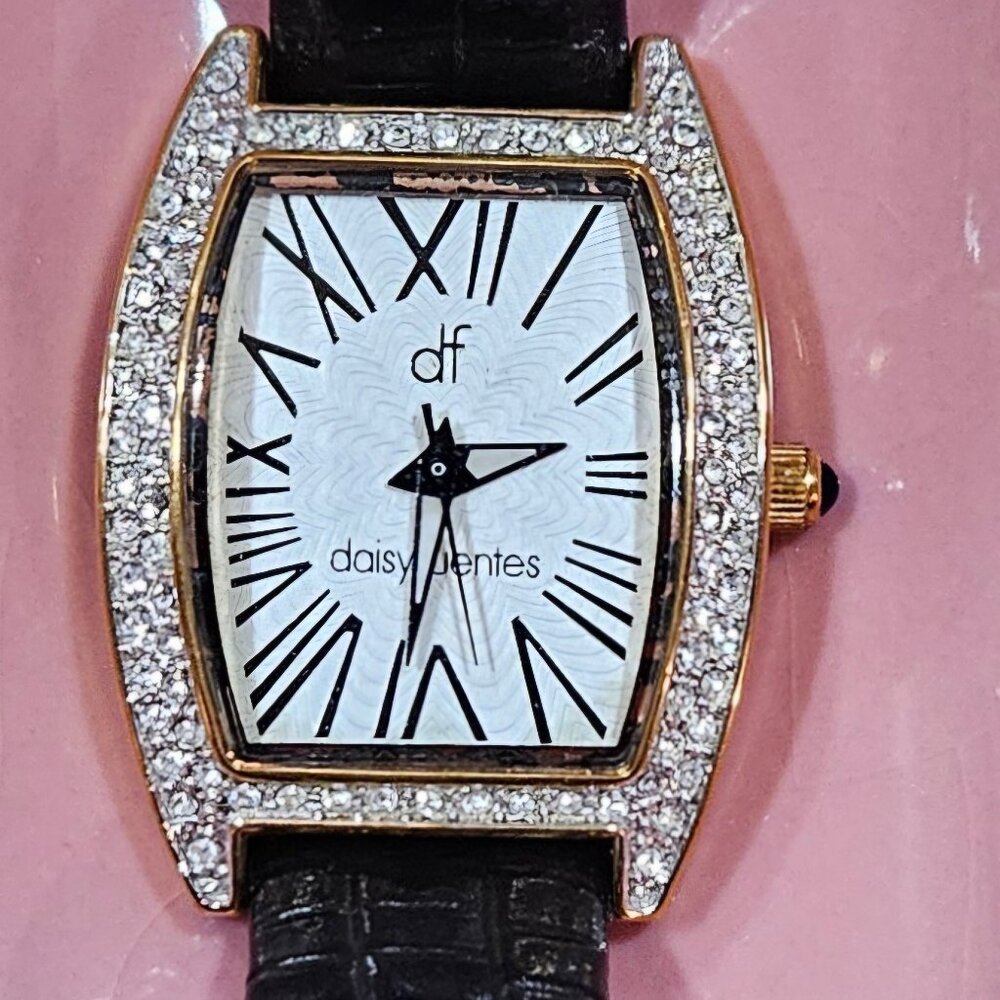 Daisy Fuentes Crystal Rimmed Oblong Watch w/ Alligator-like Leather Strap